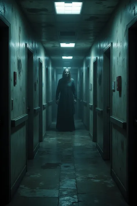 Hyper-realistic horror scene in a narrow, distorted hallway, lit by flickering ceiling lights. Floating specter with hollow, bright eyes hovers at the end, casting eerie shadows. Surreal, disturbing atmosphere with walls stretching and bending unnaturally....