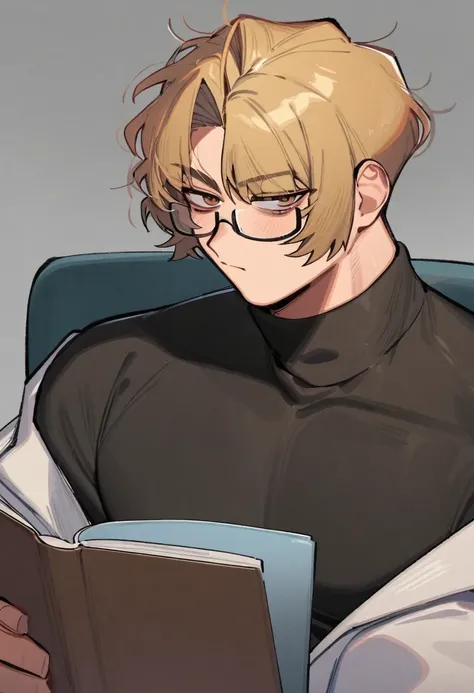 negativeXL, LSP_style, masterpiece,1boy, male focus, blonde hair, very short hair, messy hair, glasses, dark brown turtleneck, white jacket, reading book, sitting on chair, looking at viewer, upper body