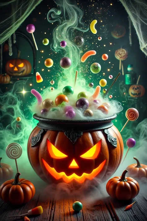 A Halloween-themed pumpkin designed like a spooky cauldron, filled with colorful gummy worms, candy corn, and chocolates, with fog and magical sparkles spilling over the top like a bubbling potion. The pumpkin has a carved face, and the setup includes a fe...