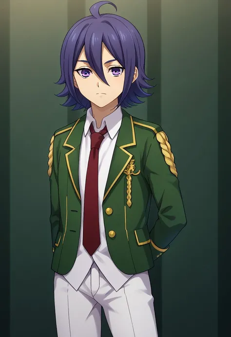 score_9, score_8_up, score_7_up, source_anime, highly detailed,
suzuno, 1boy, male focus, solo, purple eyes, purple hair, short hair, ahoge, hair between eyes, uniform, epaulettes, jacket, green jacket, shirt, collared shirt, white shirt, necktie, red neck...