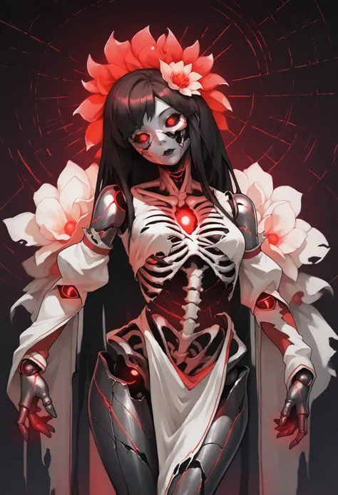 a close up of a woman with a skeleton body and flowers