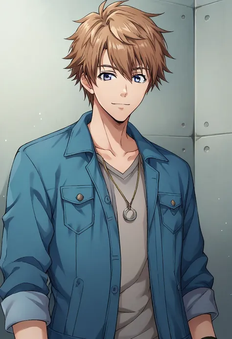 score_9, score_8_up, score_7_up, source_anime, highly detailed,

yuto, 1boy, male focus, solo, brown hair, hair between eyes, blue eyes, collarbone, jacket, blue jacket, open jacket, open clothes, shirt, grey shirt, wristband, pants, upper body, smile,

in...