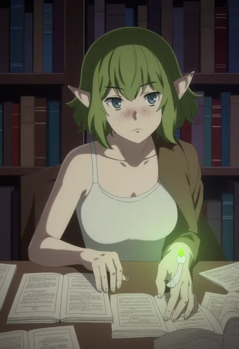 1 girl, Ryu Lion, Ryu has green hair and blue eyes. Ryu is an elf, sitting in a quiet library, her brown_coat folded beside her. Her white_tank_top is visible as she leans over a table filled with books, her bloody_hair falling in soft waves, and a small g...