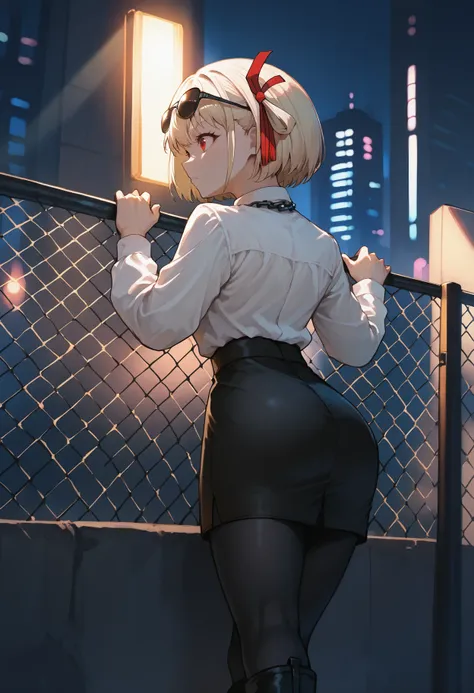 anime girl in a short skirt leaning on a fence（nishikigi chisato)