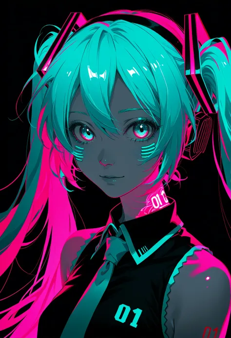 Hatsune Miku,limited palette,black background,colorful,vibrant,glowing outline,neon,blacklight,looking at viewer, masterpiece, very aesthetic