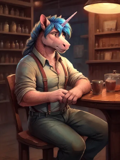 clothed unicorn, white fur, long blue mane, suspenders, pants, sitting in a cafee shop, by dramamine, by einshelm, by ruaidri