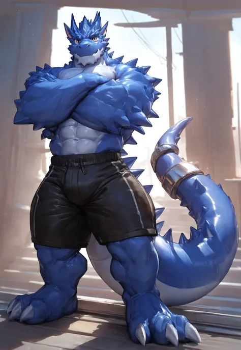 zPDXL3,score_9, score_8_up, score_8, score_7_up, score_7, source_furry, masterpiece, high quality, best quality,1boy, furry male, solo, dragon horns,eyes, blue body,full body,looking at viewer,muscular male, dragon,feet,abs,legs,(shorts:1.2),(tail_ring:1.3...