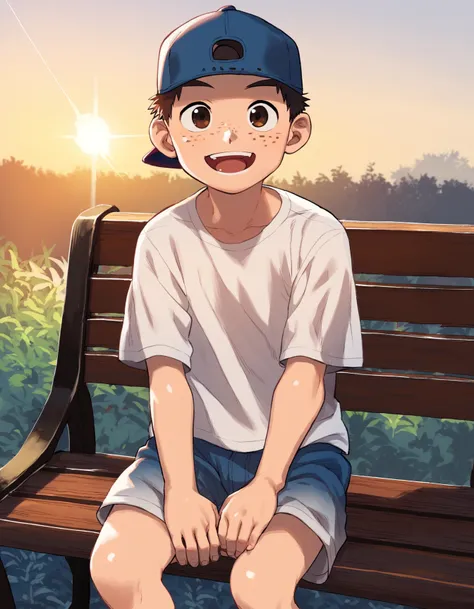 score_9, score_8_up, score_7_up, score_6_up, source_anime, rating_safe, outdoors, evening, sunlight, pencil outline, 1boy, solo, freckles, baseball cap, brown eyes, sitting, open mouth, smile, looking up at viewer, t-shirt, shorts, on bench <lora:a6_AMXL_v...