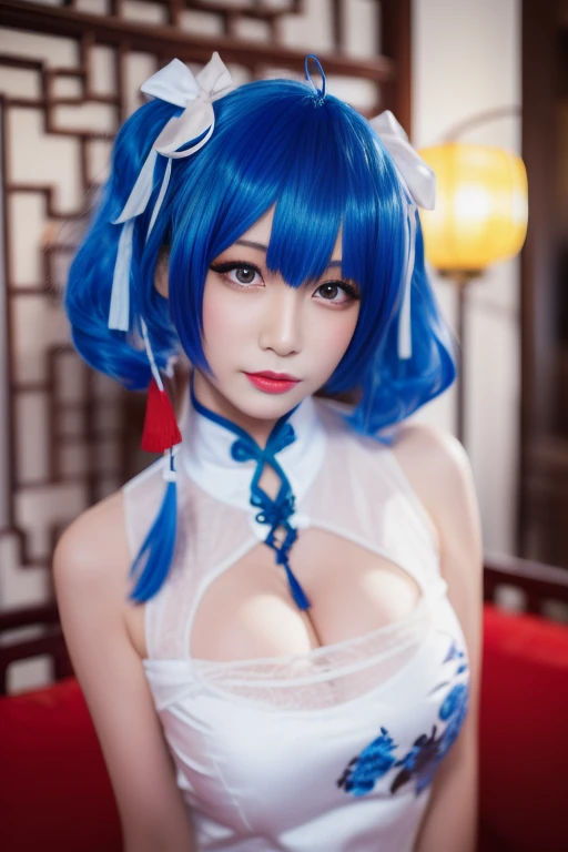 ltra-detailed,highly detailed,best quality,masterpiece,illustration, drawing, realistic, photorealistic,
st louis, st. louis (azur lane), 1girl, solo, 
qipao, chinese clothes, china dress, 
blue hair, bangs, hair ribbon, 
looking at viewer, upper body, 
 <...