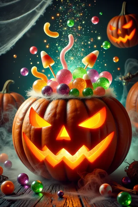A Halloween-themed pumpkin carved with a spooky face, filled with a variety of colorful Halloween sweets like gummy worms, candy corn, lollipops, and small candies, spilling out from the top. The pumpkin exudes a fun, festive Halloween feel, with a soft ee...