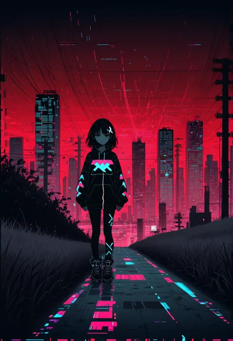 1girl,looking at viewer,full body shot,sleeves,full body,:d,glitch art,glitching,glitch,scanlines,monochrome,outdoors,power lines,wide shot,reddish sky,grass,hill,expressionless,x hair ornament,city lights in background,city in background,skyscraper in bac...