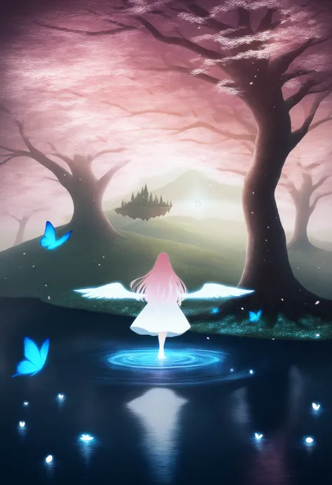 masterpiece, best quality, 1girl, spiral, (scenery:1.25), (solar:1.2), abstract, glowing flower, angel wings, white dress, lake, blue butterfly, crystal, nature, petals, pink hair, wings, dress, water, magic, gown, cherry blossoms, landscape, forest, fanta...