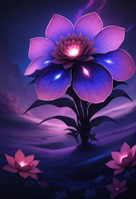 purple and blue flower with a pink center surrounded by water lilies