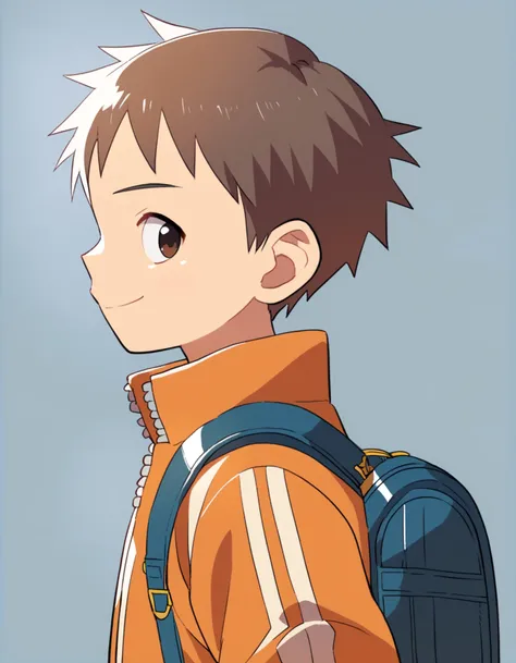 score_9, score_8_up, score_7_up, score_6_up, source_anime, simple background, from side, upper body, 1boy, solo, brown hair, brown eyes, bangs, looking back, orange track jacket, backpack, closed mouth, smile <lora:a6_AMXL_v1g-ShoAI:1>