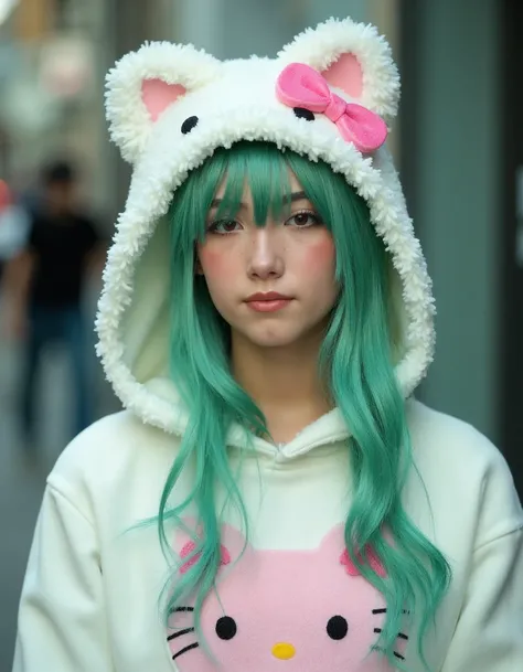 portrait of a young woman with green hair as a wearing a hello kitty cosplay, front view