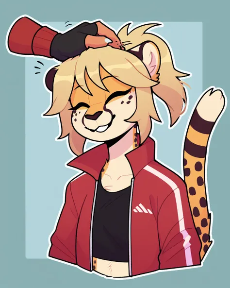 score_9_up, score_8_up, score_7_up, score_6_up, by remanedur, half-length portrait, cheetah, blonde hair, furry female, female, furry, eyes closed, solo, happy, smile, three-quarter view, head tilt, tail, red jacket, black shorts, crop top, long hair, pony...