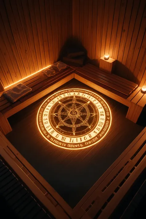 there is a wooden sauna with a clock on the floor