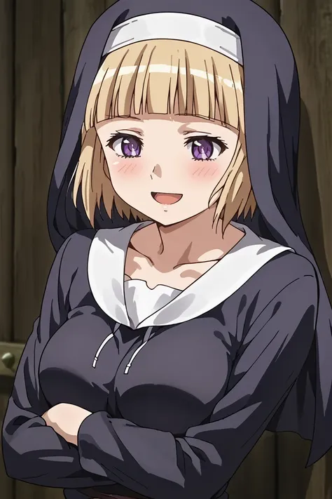 source_anine, 1girl, solo, purple eyes, blonde hair, short hair, , blush, open mouth, collarbone, breasts, bangs, blunt bangs, nun, smile, crossed arms, standing