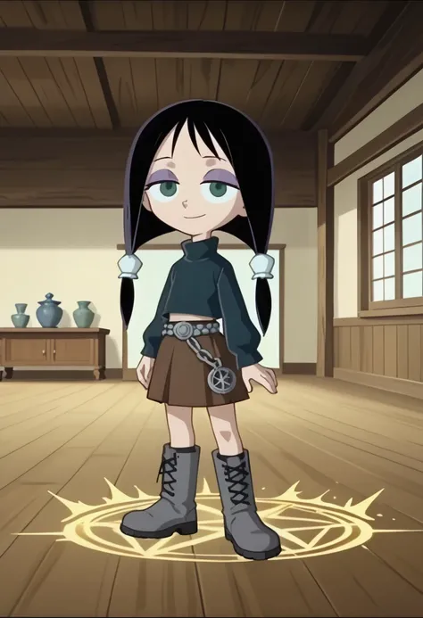 score_9, score_8_up, score_7_up BREAK MansonM, 1girl, black hair, dark green eyes, purple eyeshadow, white scrunchies, pigtails, dark blue sweater, metal belt, brown skirt, gray boots, closed smile, magic, magic spell, coven house indoors, scary coven back...