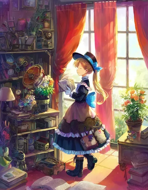 score_9, score_8_up, score_7_up, score_6_up, source_anime, anime artwork, <lora:by_tsukushi_akihito-pony:0.8>, by tsukushi akihito, 1girl, book, curtains, closed eyes, window, top hat, hat, blonde hair, ponytail, bow, indoors, dress, solo, lamp, boots, pla...