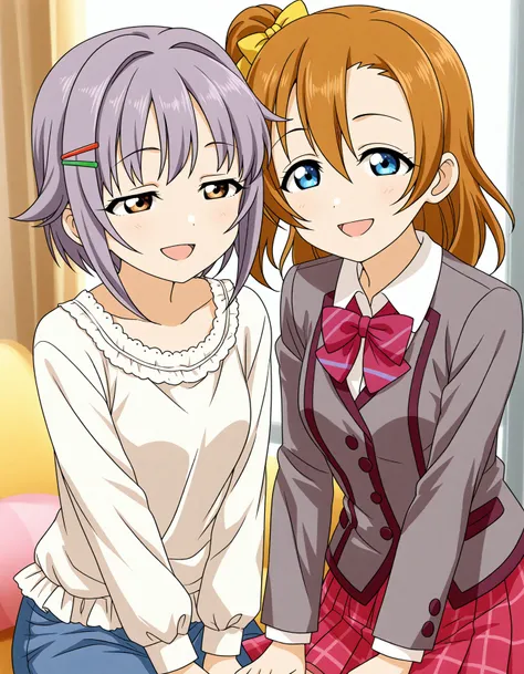 official style, 
<lora:Hyper8:0.5> 2girls, couple,
koshimizu sachiko,idolmaster cinderella girls,purple hair,brown eyes,
kosaka honoka, love live! school idol project, blue eyes, orange hair, hair between eyes, medium hair, one side up, side ponytail, mast...