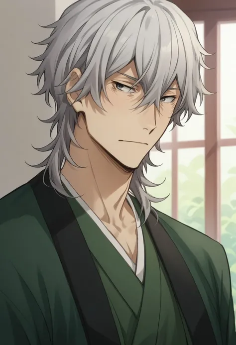 score_9, score_8_up, score_7_up, source_anime, highly detailed, 

yukichi, 1boy, male focus, solo, grey hair, hair between eyes, grey eyes, japanese clothes, kimono, green kimono, haori, upper body

outdoor,