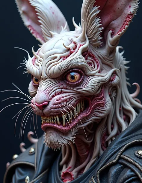 badmilk   a digital artwork, rendered in a highly detailed, hyper-realistic CGI style. It depicts a grotesque, nightmarish rabbit character with exaggerated, grotesque features. The rabbits fur is a matted, unkempt white, with numerous, dark, twisted lines...