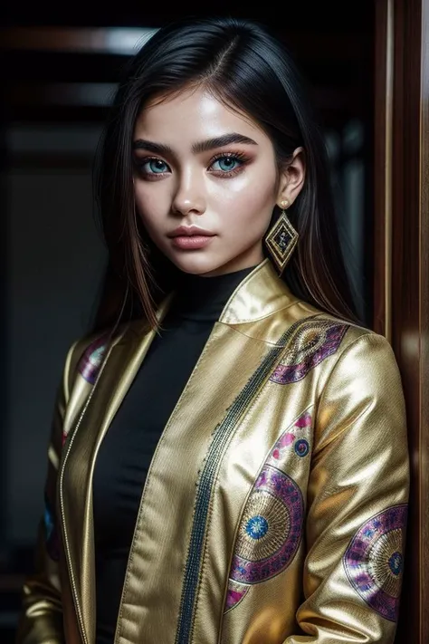 (high quality), (masterpiece), (detailed), 8K, Hyper-realistic painting of a young Indonesian woman wearing a futuristic suit that blends traditional patterns and vibrant colors, showcasing the rich heritage of Indonesia. She stands confidently in a dynami...