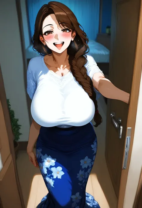 score_9, score_8_up, score_7_up, score_6_up, source_anime, <lora:GAI S2 v0.1:1>,
1girl, breasts, skirt, mature female, motherly, aged up, solo, huge breasts, shirt, looking at viewer, doorway, smile, white shirt, open mouth, long hair, short sleeves, braid...