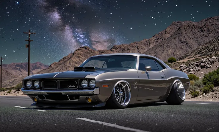 CMBER an American Muscle car, with camber suspension, parked in the middle of the road, with mountains in the background and a cosmic nebula sky