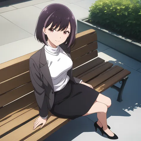 honjouji_rika, black hair, streaked hair, purple hair, brown eyes, short hair, bangs, smile, upper body, white turtleneck sweater, business suit, medium breast, black skirt, black heels, full body, sitting on bench, looking viewer, <lora:XL-HonjoujiRika:1>...