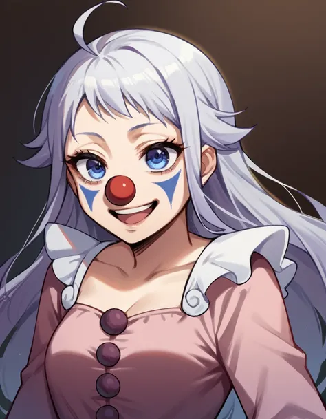 score_9, score_8_up, score_7_up, source_anime, <lora:sara-tachibana-s1-ponyxl-lora-nochekaiser:1>, sara tachibana, long hair, blue eyes, ahoge, medium breasts,, <lora:clown-ponyxl-lora-nochekaiser:1>, clown, makeup, clown nose, facepaint, gloves, long slee...