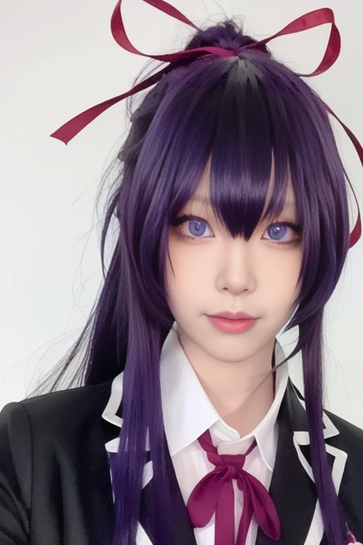 ltra-detailed,highly detailed,best quality,masterpiece,illustration, drawing, realistic, photorealistic,
tohka, 1girl, solo, cosplay, purple eyes, 
school uniform, blazer, long sleeves, jacket, neck ribbon, collared shirt, 
very long hair, purple hair, hai...