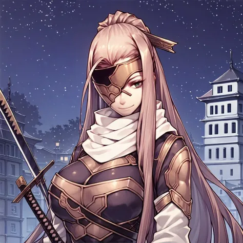 score_9,score_8_up,score_7_up, 1girl, solo, big breast, closed mouth, smile, katana, night, eyepatch, upper body, very long hair, scarf, building, sword, long hair, star (sky)