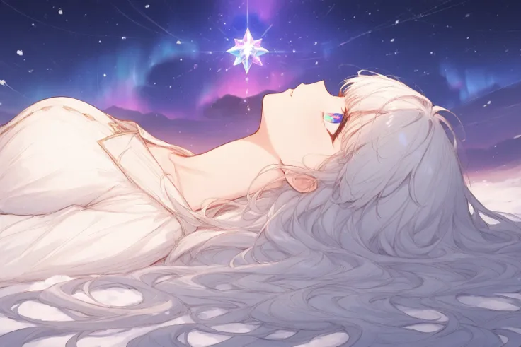 masterpiece, best quality, good quality, newest, fantasy, serene, majestic, 1girl, crystal hair, silver hair, reflective hair, rainbow eyes, multicolored eyes, in awe, white dress, magic, glowing crystals, majestic lighting, aurora borealis, snow angel, on...