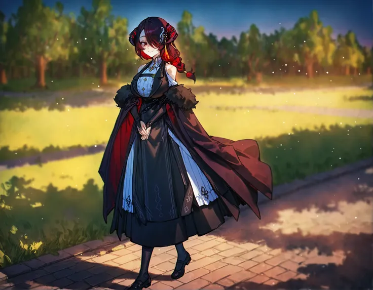 mamarissa, walking, horns, black hair, red hair, colored inner hair, braid, soft smile, park, full body, godrays, shadow, trees, three quarter view, (cutesexyrobutts:0.65), (ciloranko:0.65), (quasarcake:0.65), colorful, best quality, amazing quality, very ...