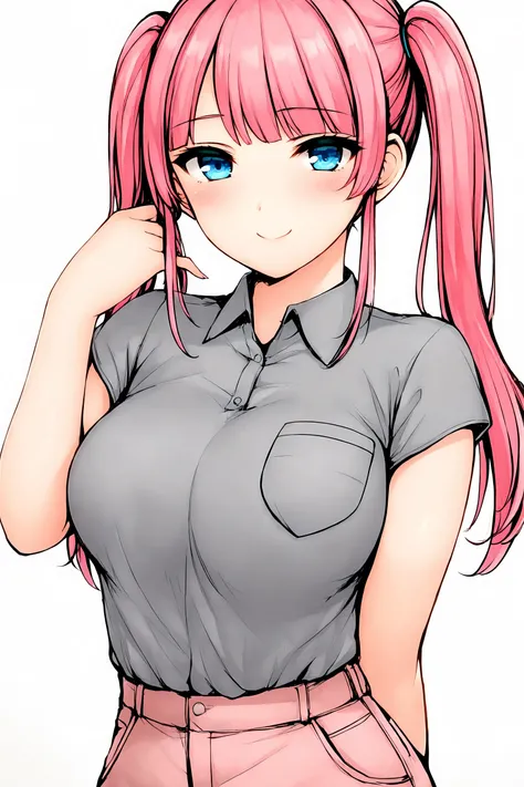 masterpiece,best quality,1girl,solo,medium breasts,smile,good limb,good anatomy,very aesthetic,absurdres,
1girl, solo, blue eyes, twintails, grey shirt, shirt, white background, pink hair, arm behind back, shorts, looking at viewer, collared shirt, long ha...