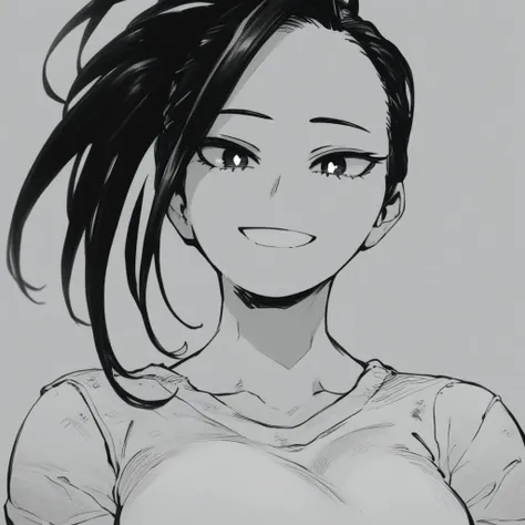 momo_yaoyorozu, 1girl, 1girl,score_9, score_8_up, score_7_up, black hair, black eyes, white pupil, solo, long hair, smile, shirt, collarbone, portrait, white shirt, upperbody, breasts,  looking at viewer, black and white, monochrome, sketchstyle, tied hair...