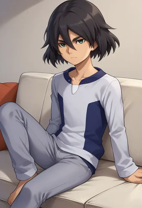 score_9, score_8_up, score_7_up, source_anime, highly detailed, 
haruki, 1boy, male focus, solo, black hair, hair between eyes, green eyes, pajama, shirt, grey shirt, long sleeves, pants, grey pants, bare foot,
indoor, couch, sit,