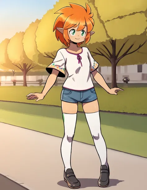 park,
Ixchel,1girl,solo,short hair,orange hair,pointy ears,green eyes,smile,
full body,
short jeans,white shirt,white thighhighs,black footware,
<lora:Ixchel_v01_PDXL:1>,