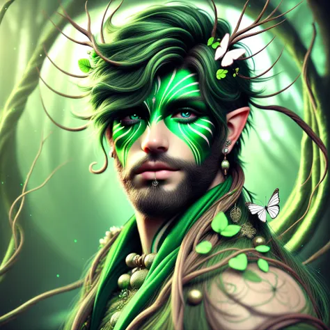 brown hair, beard, butterfly, looking at viewer, green hair, 1boy, hair flower, facial mark, jewelry, green lips