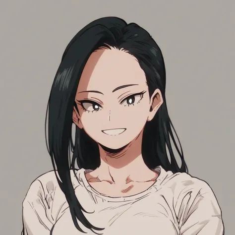 momo_yaoyorozu, 1girl, 1girl,score_9, score_8_up, score_7_up, black hair, black eyes, white pupil, solo, long hair, smile, shirt, collarbone, portrait, white shirt, upperbody, breasts,  looking at viewer, animestyle, hairdown