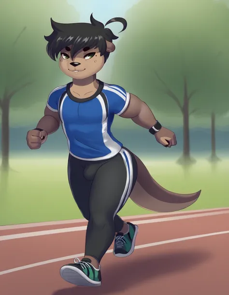 park, 
Shin,1boy,solo,tail,otter tail,animal ears,furry,green eyes,short hair,black hair,furry male,snout,dark skin,animal nose,mole under eye,
seductive smile, long eyelashes, 
full body, 
sportswear, running, 
 <lora:Shin_v01_PDXL:1>,
 <lora:add-detail-x...