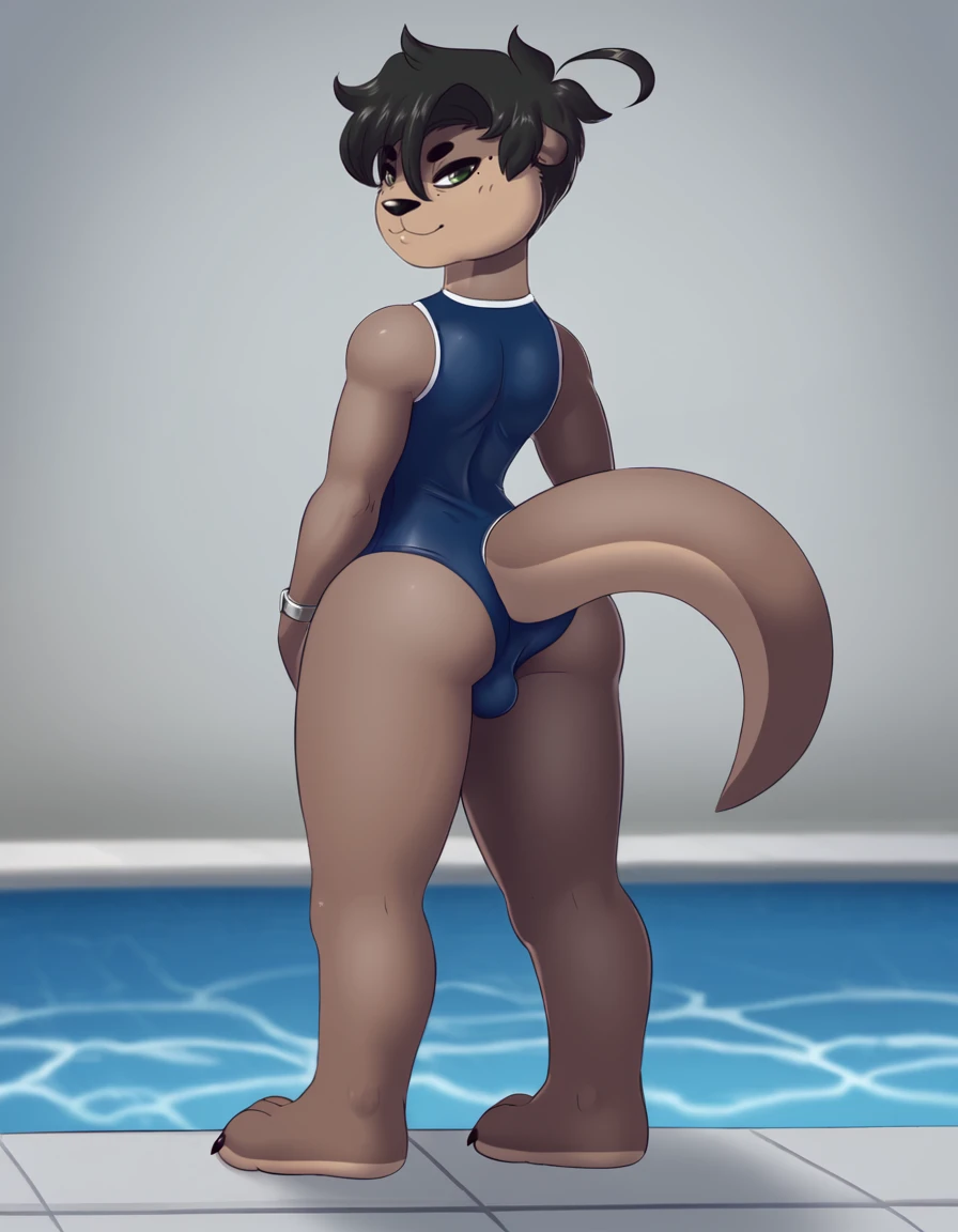 poolside, 
Shin,1boy,solo,tail,otter tail,animal ears,furry,green eyes,short hair,black hair,furry male,snout,dark skin,animal nose,mole under eye,aged up, 
smile,
full body, presenting ass, standing, 
swimsuit, makeup, 
 <lora:Shin_v01_PDXL:1>,
 <lora:add...