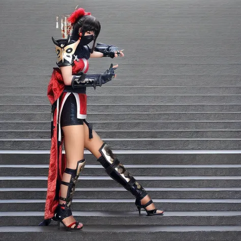 1girl, hotaru, konoichi, ninja mask, black hair, folded ponytail, make up, shoulder pad, fingerless gloves, red short japanese clothes, obi, leather short pants, leg guards, high heels