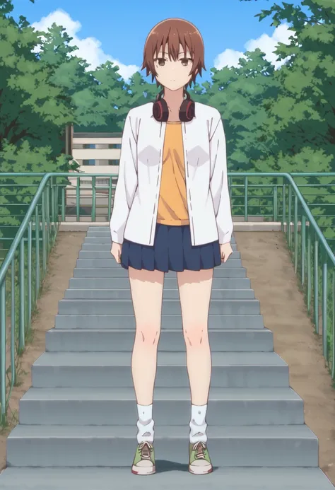 score_9, score_8_up, score_7_up, source_anime, outdoors, sky, 
BREAK,
 <lora:ninomae_kanade_ponyXL_v1:1> ninomae kanade, 1girl, solo, looking at viewer, bangs, skirt, shirt, long sleeves, closed mouth, standing, jacket, full body, pleated skirt, open cloth...