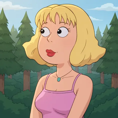 score_9_up, score_8_up, BREAK, LaDawn, 1girl, solo, blonde hair, short hair, black eyes, lipstick, necklace, tank top, upper body, <lora:LaDawn_FamilyGuy_PXL_Leaf1:1>, outdoors, forest,