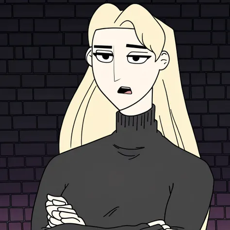 blonde hair, crossed arms, solo, Turtleneck, sweater, black eyes, upper body, open mouth, long hair