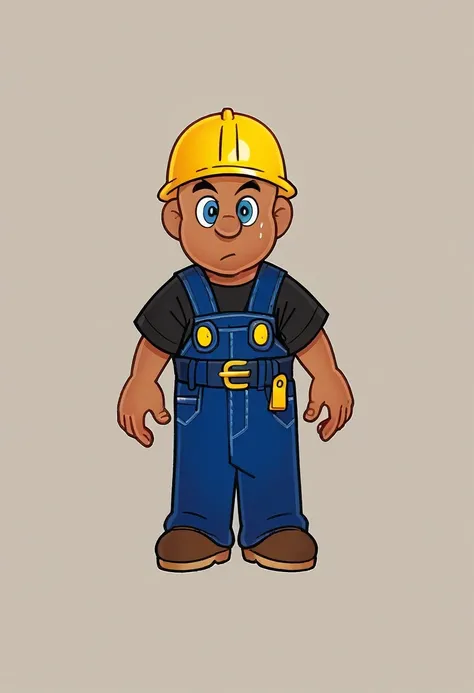 Brooklyn_T_Guy_Jr, solo, blue eyes, shirt, 1boy, hat, full body, short sleeves, belt, black shirt, overalls, yellow headwear, blue overalls, hard hat, construction worker, semi dark skin, bald, brown shoes