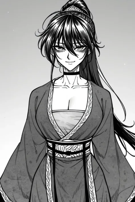 score_9, score_8_up, score_7_up, score_6_up, source_anime, rating_explicit,1 girl, medeuim breast, smiling

long hair, long sleeves, cleavage, collarbone, monochrome, ponytail, greyscale, alternate costume, choker, sash, chinese clothes